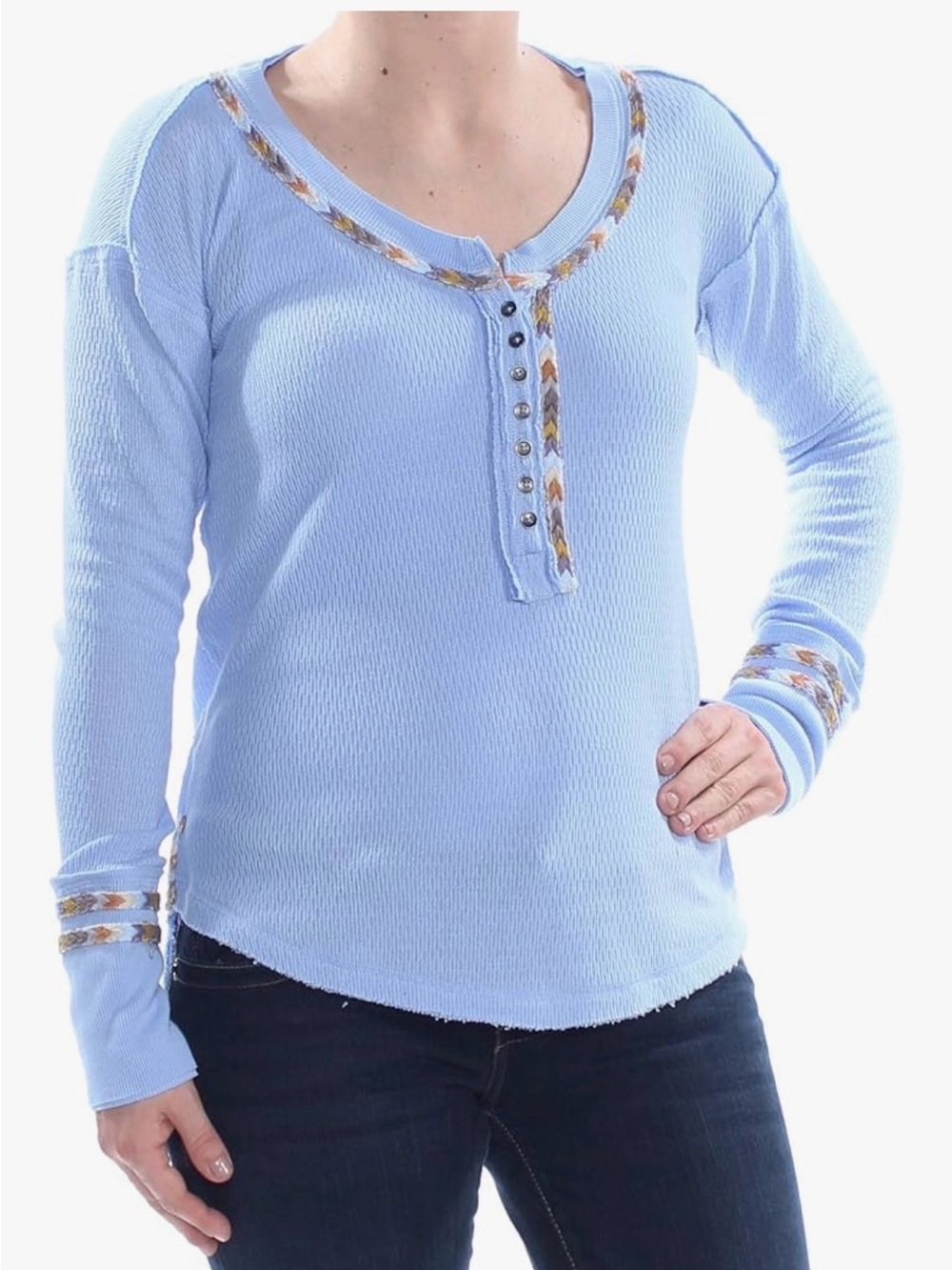 We The Free Powder Blue Long Sleeve Henley with Trim